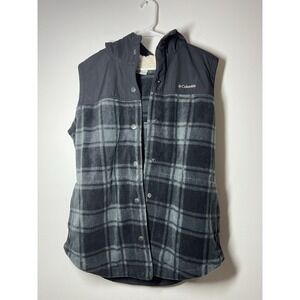 Columbia Women's Hooded Plaid Sherpa Lined Snap Vest Gray/Black Sz L w/Pockets